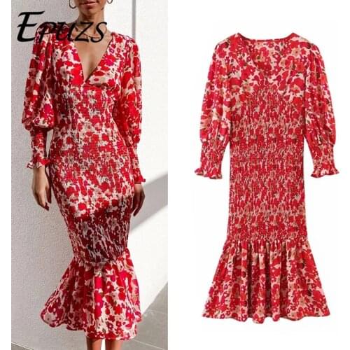 Za 2021 vintage Red Print Ruched Midi Dress Woman V Neck Long Sleeve dress Elegant Robe Chic Casual Dresses bho beach Vestidos