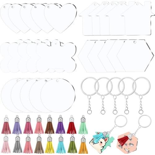 60Pcs Acrylic Clear Circle Discs Keychain Set Heart Acrylic Key Chain Blank Leather Tassel Pendant Kits for DIY Jewelry Making