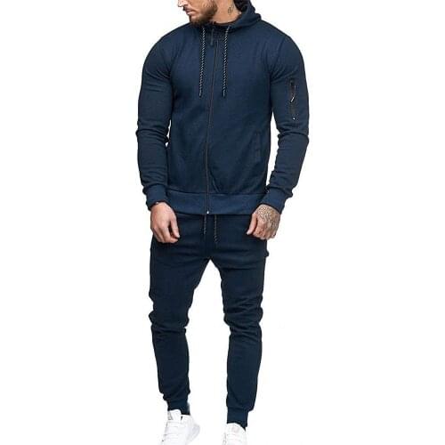 Mens Solid Zipper Hoodies Tops Sportswear TrackSuit Sportsman Sweatshirt Joggers Set Pants Pullover Hoodie Trouser M-2XL