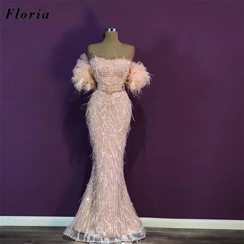 Floria Pink Handmade Beaded Evening Dresses Turkish Feathers Long Prom Dresses Women Celebrity Dress Gown Dubai Vestidos Robe