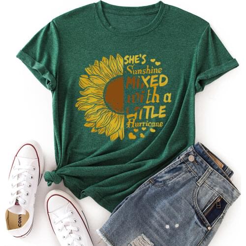 Woman Short Sleeve Colored Graphic Tees Summer T-Shirt Female Tops Shirts for Women She Is Sunshine Sunflowers Flower Top