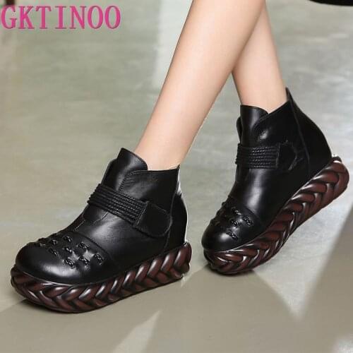 GKTINOO Winter Platform Boots Women Handmade Genuine Leather Ankle Boots Ladies Shoes Soft Retro Wedges Shoes for Women
