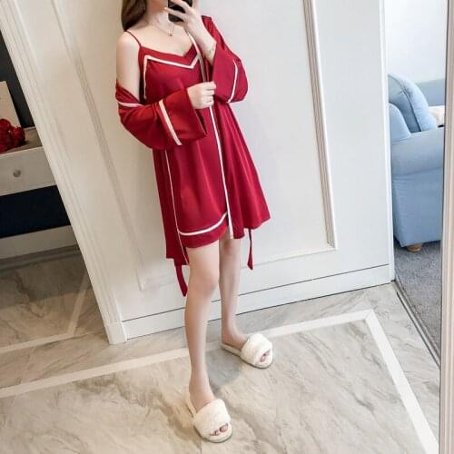 European and American Style Spring and Autumn Womens Silk Satin Suspender Robe Two Piece Suit Simple Natural Noble Inlaid Robe