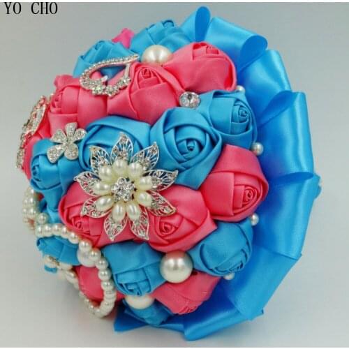 Customized Turquoise Blue & Coral pink Artificial wedding bouquets bead crystal pearl jewelry royal blue flower bridal bouquets