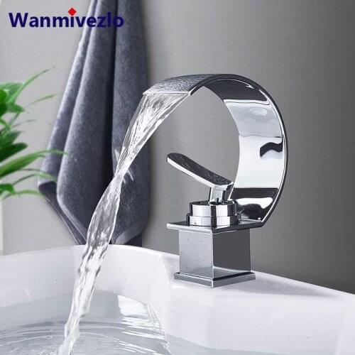 Copper Single Hole Dual Handles Hot and Cold Basin Mixer Faucet Creative Waterfall Water Outlet Bathroom Vessel Sink Mixer Taps