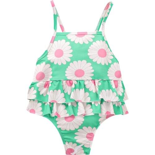 Cute Kids Baby Girl Swimwear Sunflower Sleeveless One Piece Swimsuit Back Cross Ruffles Tutu Monokini Children Girl Bikini 1-6Y