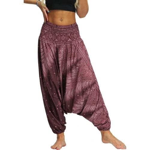 New Womens Bohemian Yoga Pants Hippy Harem Smocked Waist Trousers Flowy Loose Sports Beach Pants