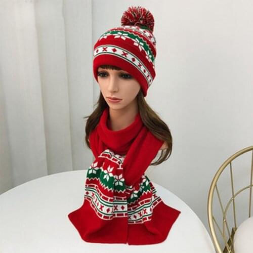 Autumn And Winter New European And American Knitted Christmas Hat, Hanging Ball Flanging Lovely Christmas Scarf Set