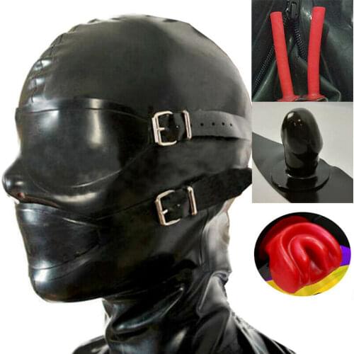 Latex Rubber Hood with Removable Eyes and Mouth Mask Open Eyes Mouth Back Zipper