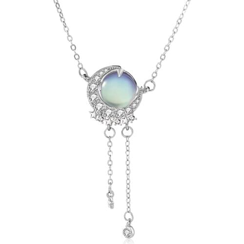 S925 Sterling Silver Zirconium Moon Star Moonstone Necklace Female Fashion Tassel Clavicle Chain