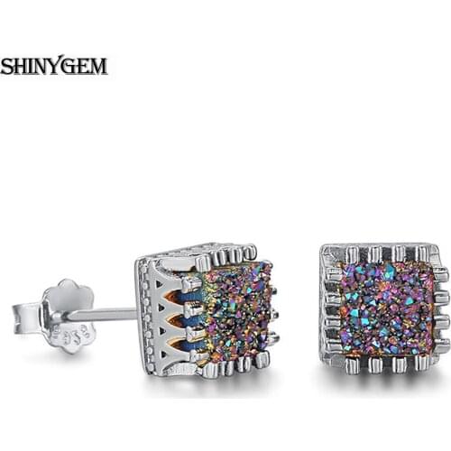 ShinyGem 2020 Trendy Female Square Crown Shape Earrings Jewelry Natural Sparkly Crystal Druzy Stud Earrings For Women Wedding