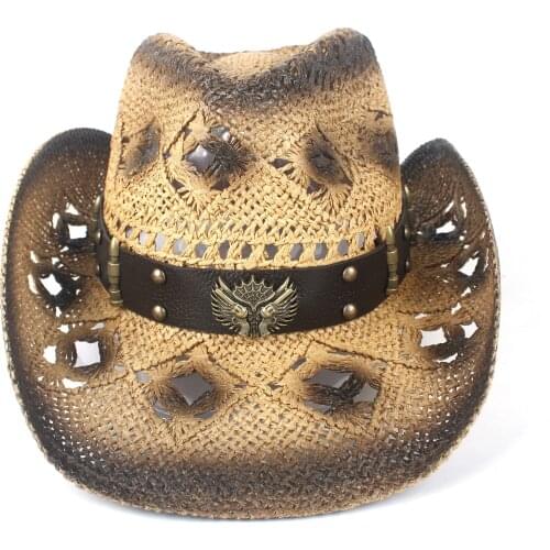 Handmade Straw Women Hollow Western Cowboy Hat Lady Punk Brand Sombrero Hombre Beach Cowgirl Jazz Sun Hat Size 56-58CM