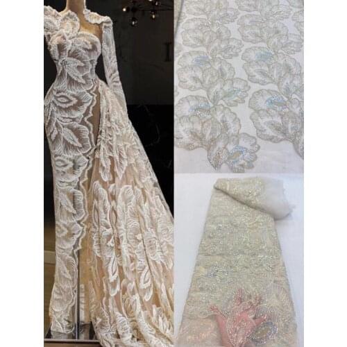 High Quality African Lace Fabric New Arrival ZH-568682 Embroidery Tulle French Lace Nigerian Beaded and sequins Party lace