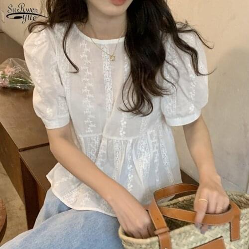 Summer Vintage Puff Sleeve Loose Simple Shirts Tops Korean Chic Embroidered Floral Blouse Women New Female Casual Clothes 15255