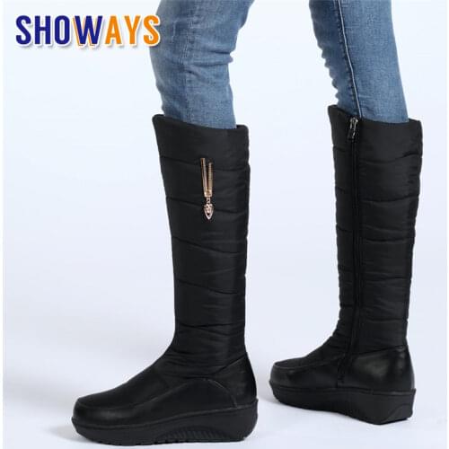 2021 Plush Zipper Women Knee-high Snow Boots Round Toe Red Black Down Crystal Casual Travel Ladies Wedge Platform Winter Boots