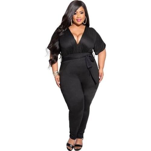 The new large size jumpsuit 5XL-8XL fashion feminine V-neck short-sleeved lace-up high-waist solid color jumpsuit bust 145CM