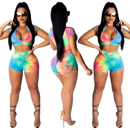 2020 New Women Tie Dyed Galaxy Print Short Sleeve Short Top & Shorts Suit 2pcs Sporty Set Moto Biker Tracksuit Club Outfits