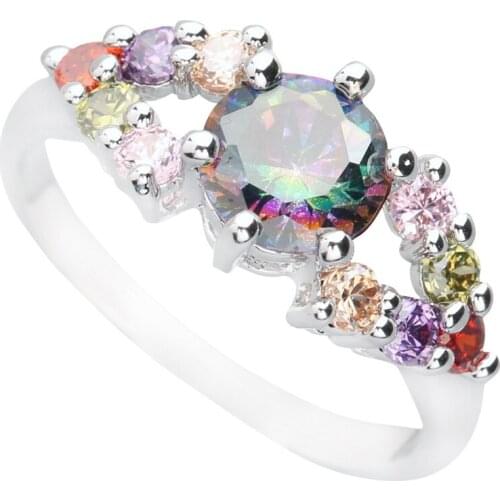 Divine Multi-Color Rainbow Stone 7*7mm Semi-precious Stone Silver Cool For Women Ring Q1214