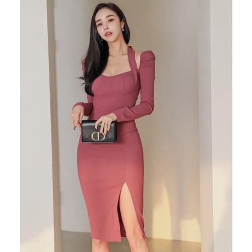 New arrival fashion spring sexy split dress women OL professional temperament square neck low-cut halter neck slim pencil dress