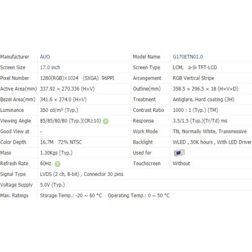 AUO LCD Screen G170ETN01.0 Display Panel 17 inches