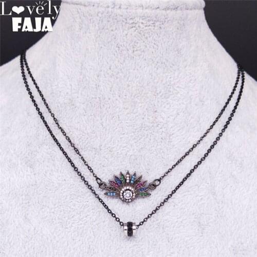 2pcs Flower Stainless Steel Zircon Copper Layered Necklace for Women Black Color Flower Ncklaces Jewelry cadenas mujer NC65S03