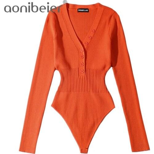 Aonibeier 2021 Za Woman Tunic Casual Traf Rompers Autumn V Neck Button Front High Waist Skinny Bodysuit Knitted Jumpsuits Female