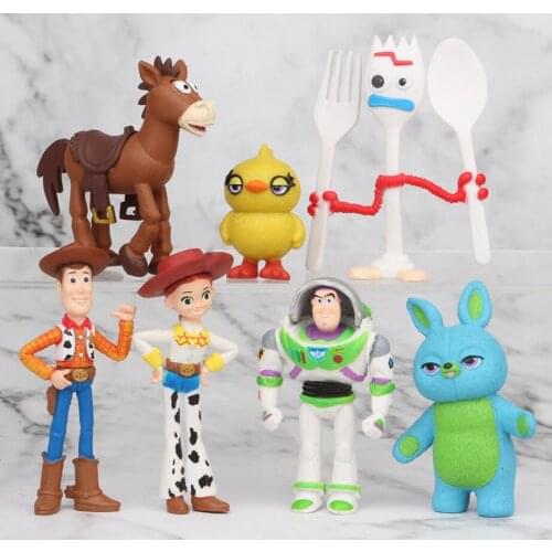 Disney 7PCS Toy Story 4 Action Figure Toys Woody Jessie Buzz Lightyear Forky Pig Bear Figura Model Doll Mini Figurine Kids Gifts