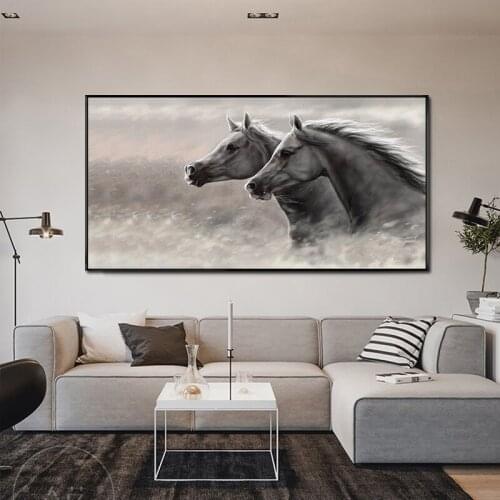 MUTU Gray Two Running Horses Canvas Painting Animal Pictures For Living Room Wall Art Prints Modern Home Decoration No Frame