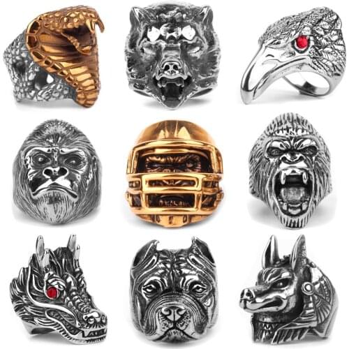 Stainless Steel Animal Men Rings Eagle Dog Dragon Bird Gold Snake Punk Hip Hop For Male Boy Jewelry Creativity Gift Wholesale