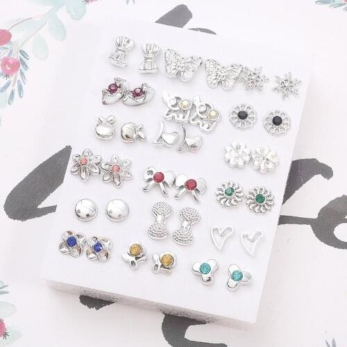 18Pairs Silver Color Rhinestone Hollow Flower Fruit Mix Style Plastic Stud Earrings Set For Women Girls Crystal Earring Jewelry