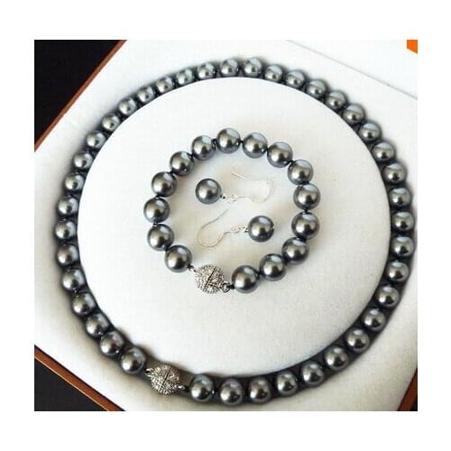 Jewelry Set AAA+ 10mm Black Shell Pearl Crystal Clasp Earrings Bracelet 7.5" Necklace 18" Set AAA style