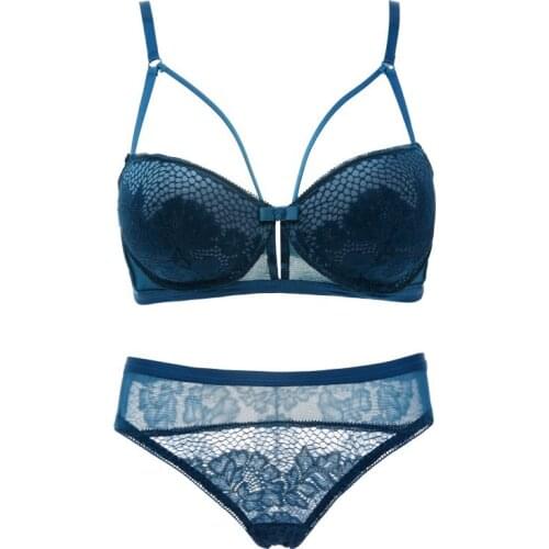 Lace Half Cup Beauty Back Bow Embroidered Gathered Bra + Panties Set Bra & Brief Sets