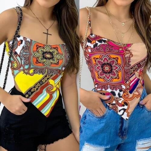 MXMA Women Summer Spaghetti Strap Crop Top Boho Floral Printed Sexy Backless Lace-Up Camisole Asymmetrical Hem Beach Vest