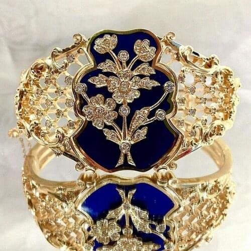 New Vintage Women Blue Enamel Zircon Ring for Women Hollow Hand Carved Flower Ring Wedding Party Birthday Gift Gold Jewelry Ring