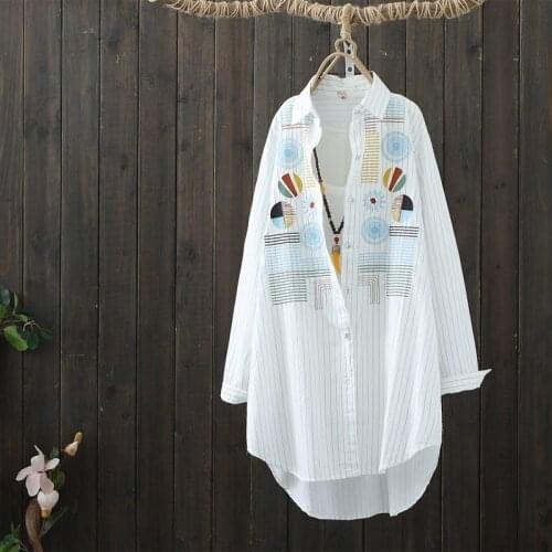 Casual Coat Female Cotton Blouse Thin Jacket Embroidery Spring Autumn Streetwear Outerwear Women Medium Long Loose Shirt Striped