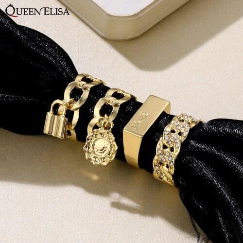 QUEEN ELISA 2021 Gold Hip Hop Ring Set for Women 4PCS Rhinestone Gothic Letter Rings Vintage Geometric Finger Ring Wholesale