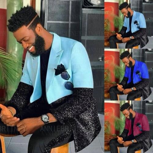 Jacket+Pants) Handsome Shiny Patchwork Double Breasted Peak Lapel Beach Wedding Man Suit 2 Piece Formal Man Blazer Custom Made