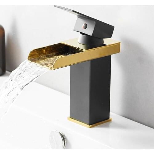 Waterfall Basin Faucet Bathroom Deck Mounted Black Gold Sink Tap Cold and Hot Water Mixer Tap Brass Vanity Vessel Sink Faucets
