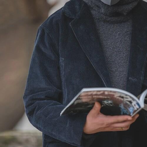 Maden Cargo Trench Mens Coats Corduroy Tweed Coat Vintage Windbreaker Fall Winter V-neck Turn-down Collar Solid Pocket Jacket