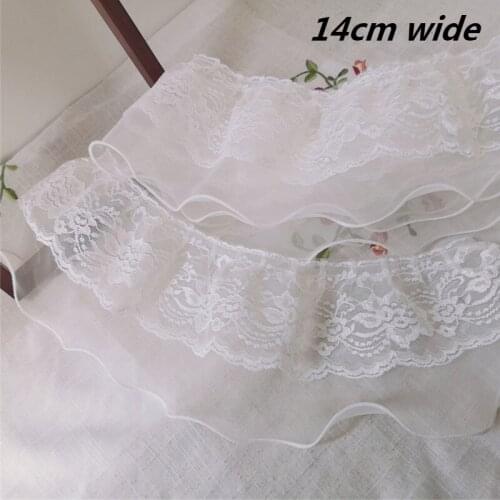 Trendy White Double Layer Organza Pleated Ruffles 14cm Wide Lace Wedding Dress Veil Bodice Cuff Skirt Sewing Fabric Accessories