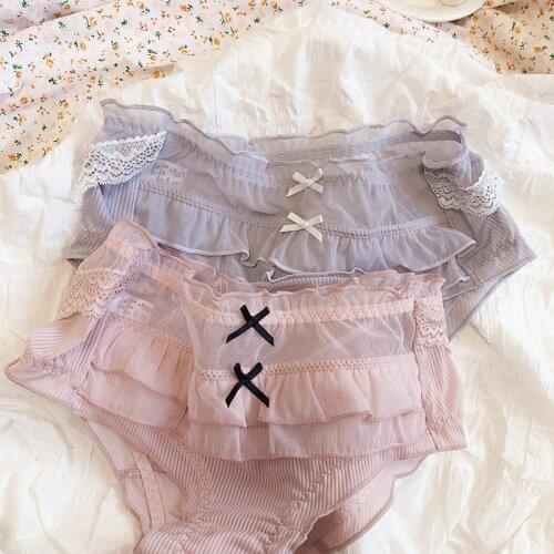 Wriufred Fantasy Japanese cake mesh bow mid-waist briefs package hip comfortable cotton crotch girl student underwear panties