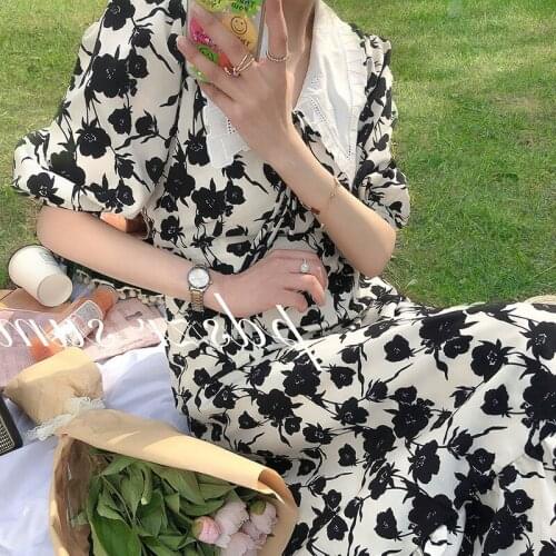 Vintage Flower Print A-Line Dress Women Turn-Down Collar Puff Sleeve Dresses Women 21 Summer French Elegant Dress Female CX1836