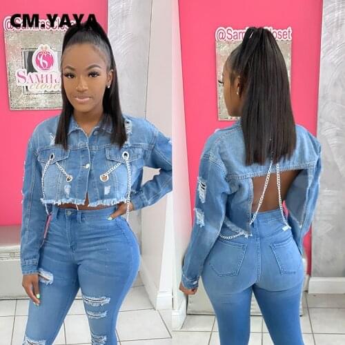 CM.YAYA Fall 2020 Women Autumn Winter Full Sleeve Button Short Denim Jackets Streetwear Jeans Coats High Street Hole