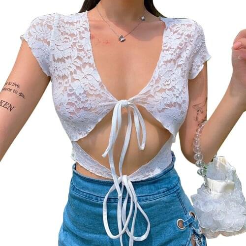 Womens Lace V Neck Lace Up See Through Shirt Sheer Bottoming Shirt Summer Fashion Sexy Flower Hollow Out Top Wear on Both Sides