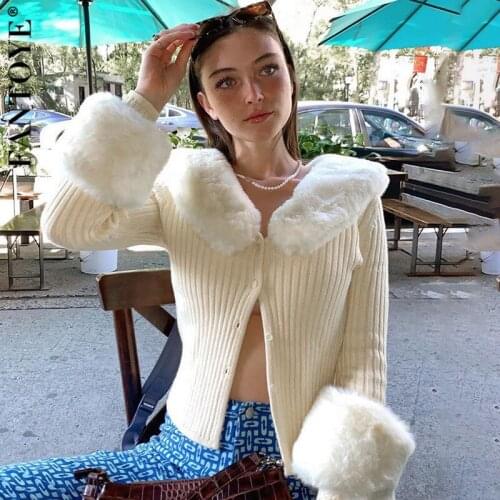 Fantoye Knitted Sexy Detachable Fur Collar Women Sweater Brown Cardigans O Neck Single-breasted Sweater Fashion Solid Slim Tops