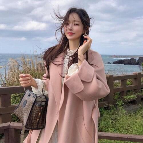 Winter 2021 Korean Handmade Double Sided Long Black 100% Sheep Wool Coat Women Loose Lacing Belt Pink Woolen Overcoat