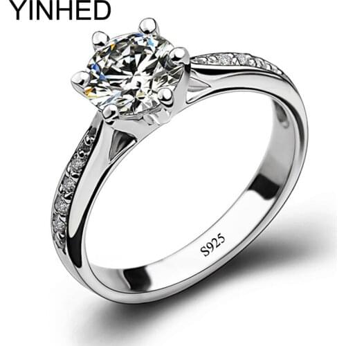 YINHED Real 925 Sterling Silver Wedding Band Rings Classic Six Claws 6*6mm Simulated CZ Diamant Engagement Ring for Women ZR22