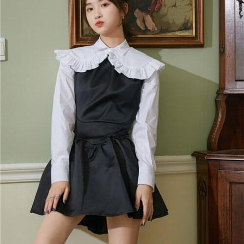 2021 Spring Autumn Sleeveless Dress A-line Black Ballet Puffy Skirt+ Pan Peter Collar White Shirt Cute Kawaii 2-Piece Female Set