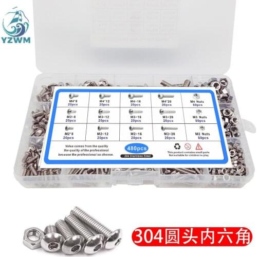 480pcs Stainless Steel 304 Round Head Pan Head Hexagon Screw Nut Set M2 M3 M4