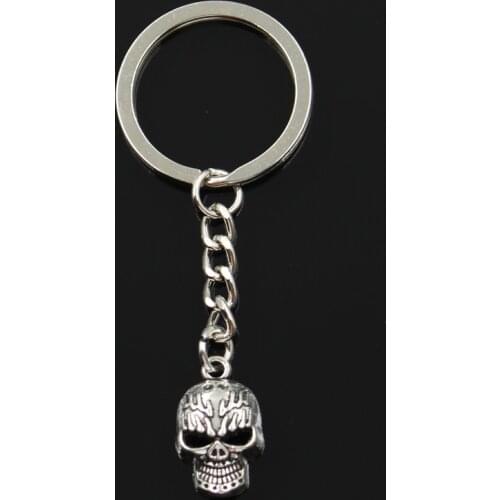 Fashion 30mm Key Ring Metal Key Chain Keychain Jewelry Antique Bronze Silver Color Plated Skeleton Head Skull 21x13mm Pendant